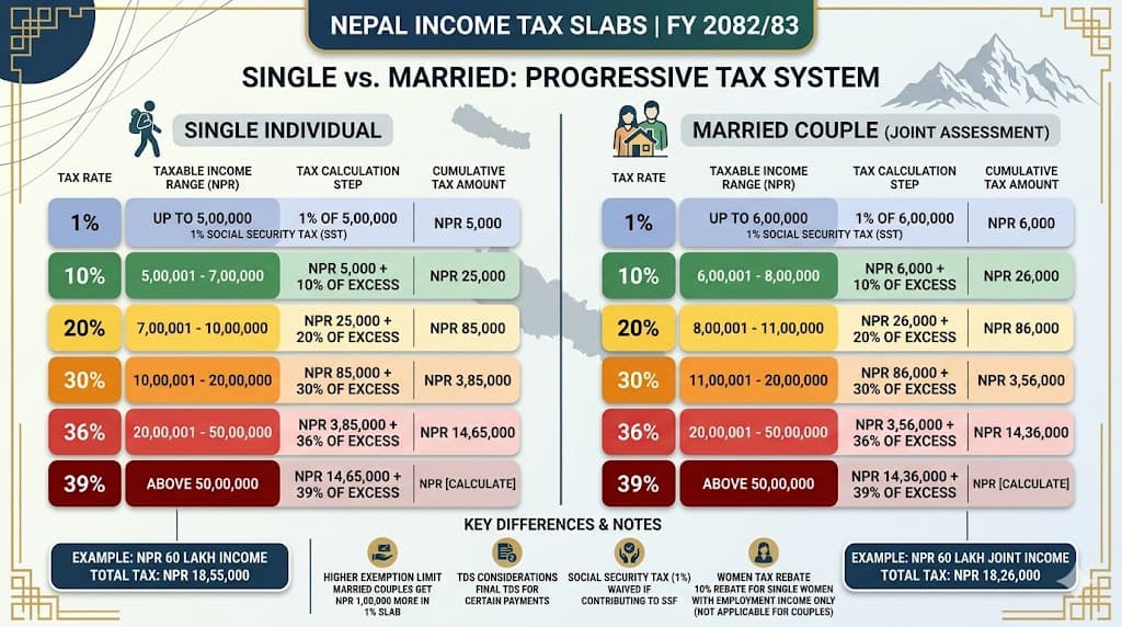 Nepal income tax slabs FY 2082/83 — single individual vs married couple progressive tax system, 1% to 39% rates